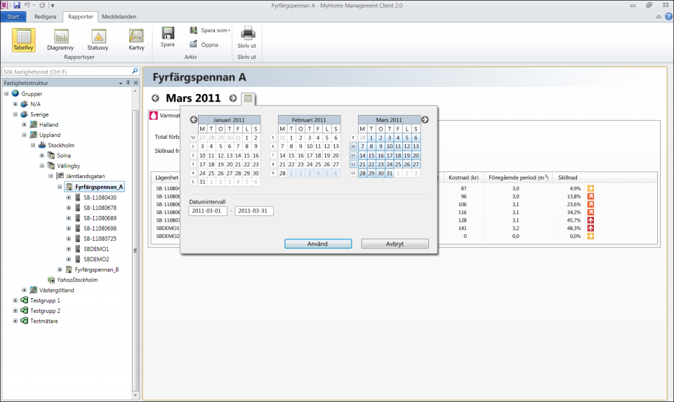 This is a mock up of a software that presents energy consumption in residential buildings. To be more specific, it shows a suggestion for a dialogue that enables the user to select which period that should be shown in the report.